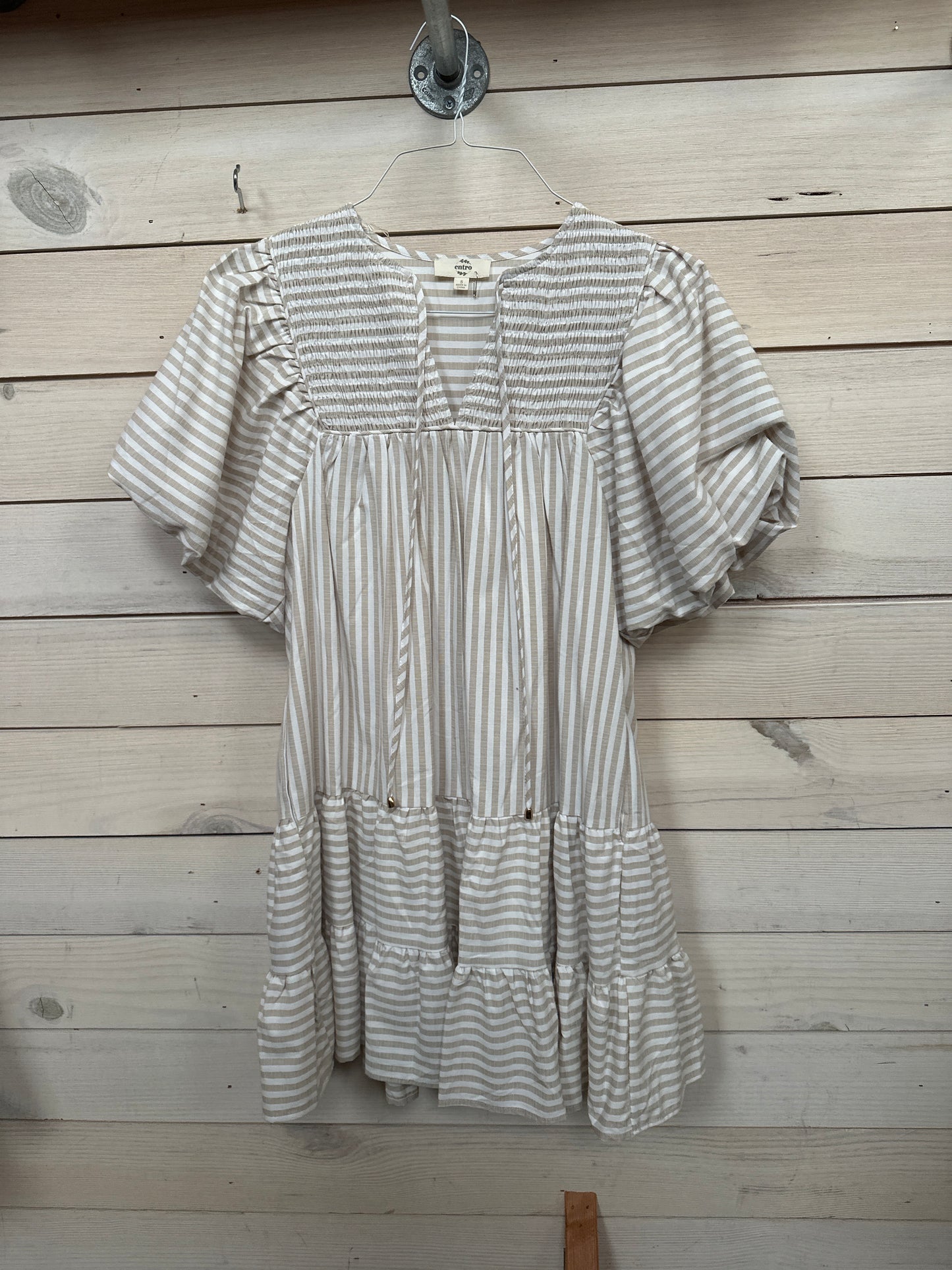 TAN & WHITE STRIPE PUFF SLEEVE DRESS