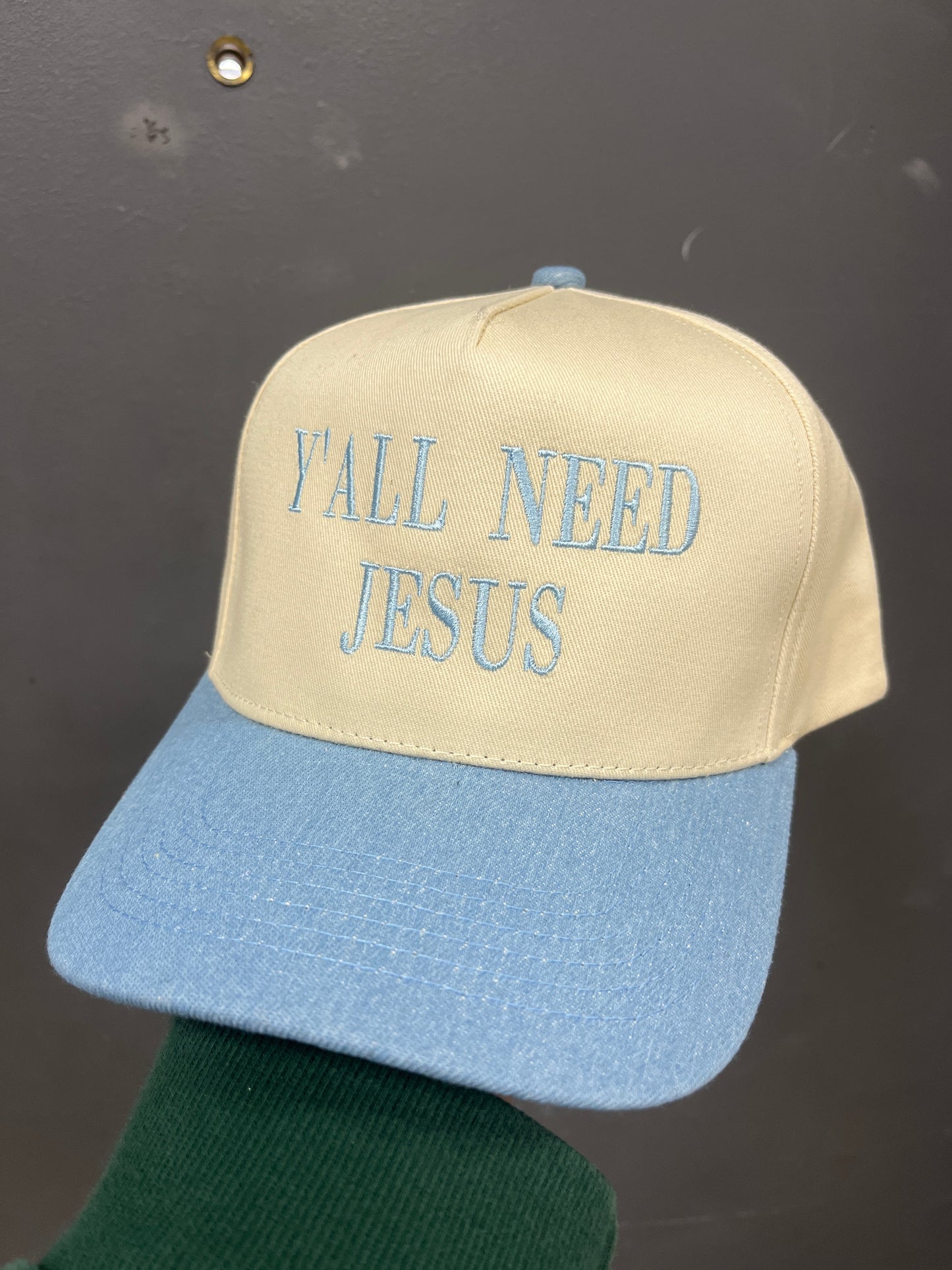 IVORY/LIGHT DENIM HAT - Y'ALL NEED JESUS