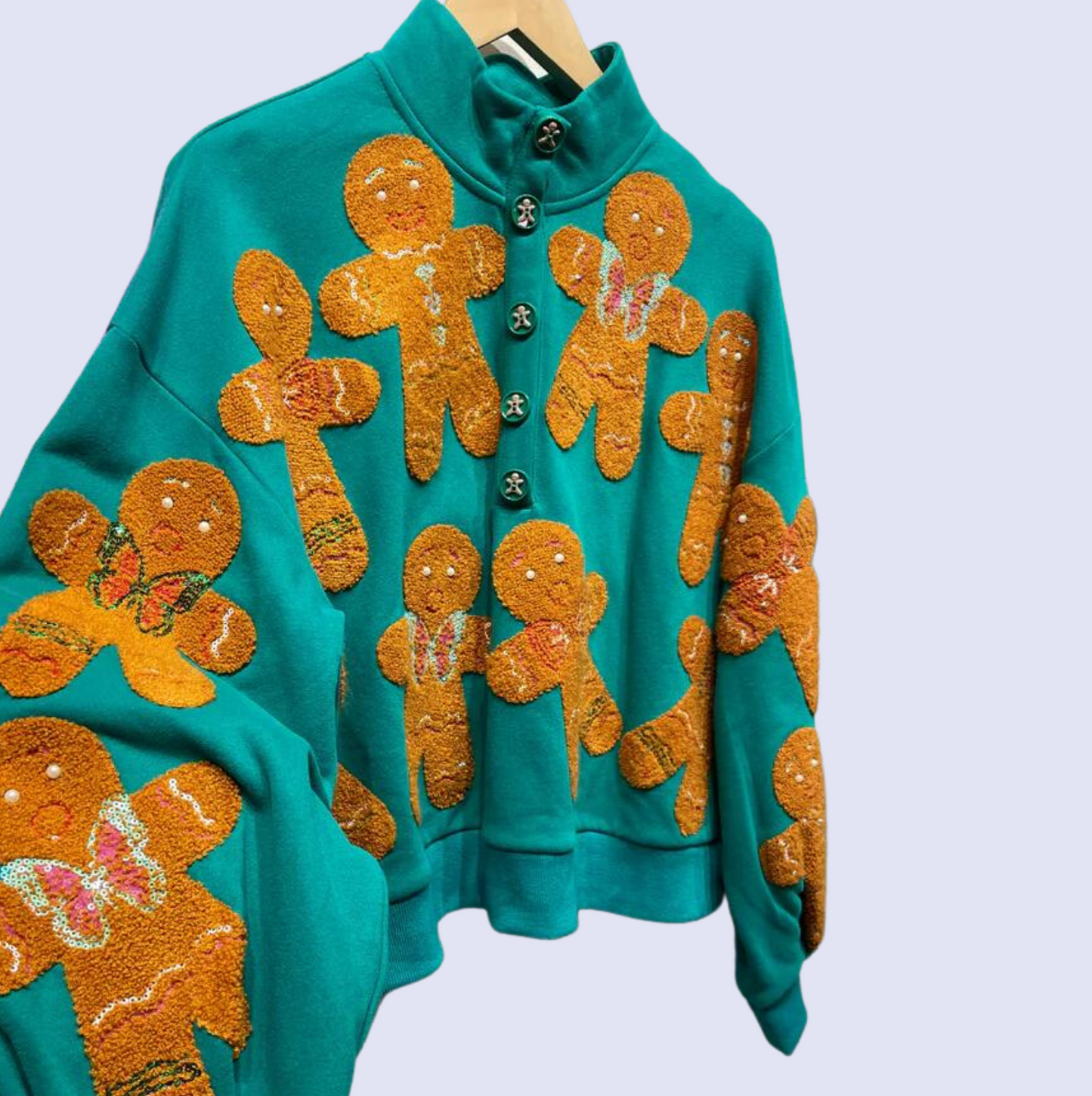 Queen of Sparkles Teal Scattered Gingerbread Man Christmas Henley Sweatshirt & Shorts