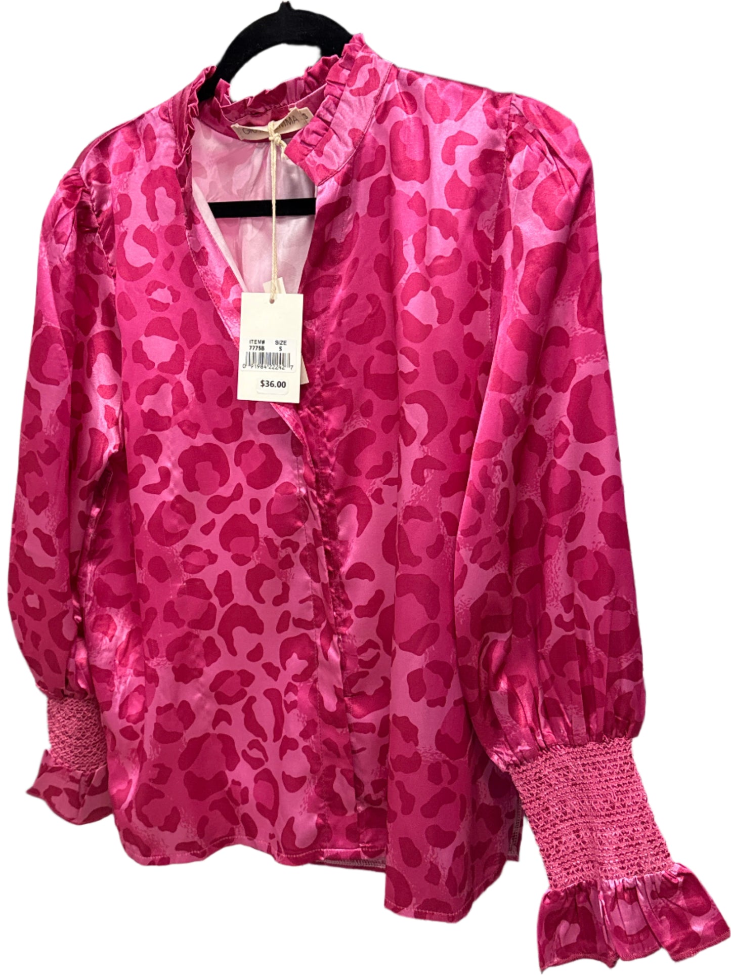 PINK LEOPARD SATIN BLOUSE W/SMOCKED SLEEVES