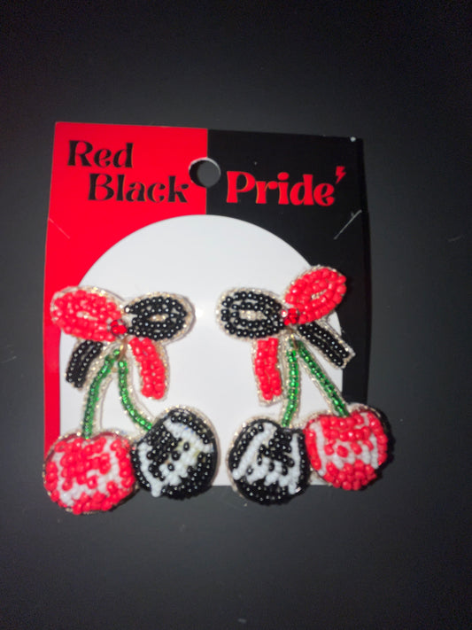 BEADED GAMEDAY CHERRY DROP EARRING -RED/BLACK