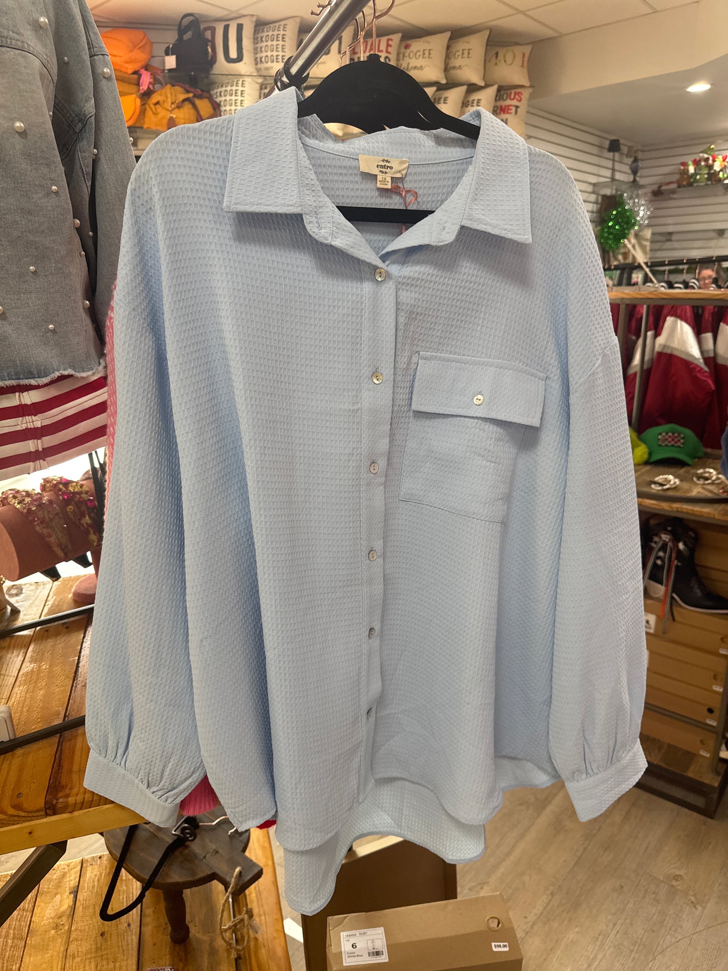 BLUE WAFFLE WEAVE BLOUSE