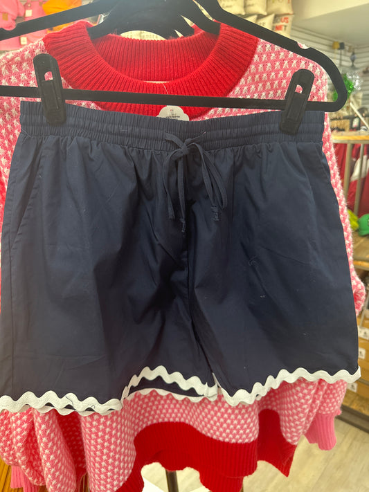 NAVY W/WHITE RIC RAC 2PC SHORT SET