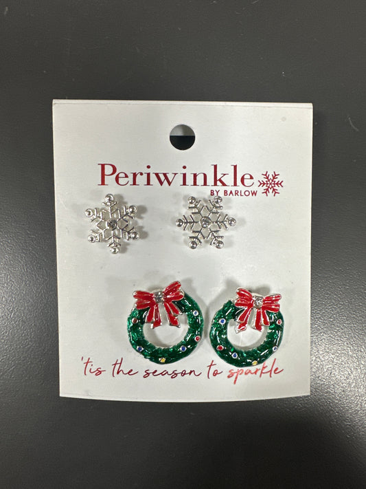SET OF 2 STUD EARRINGS SILVER SNOWFLAKES/WREATHS