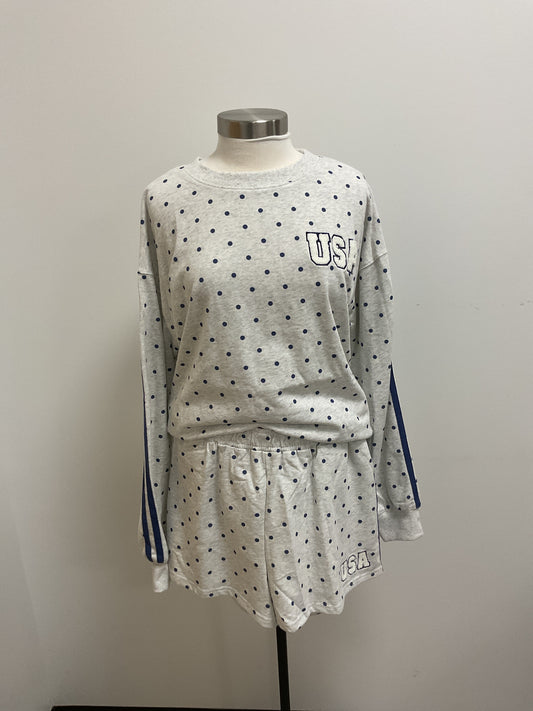 POLKA DOT PRINTED "USA" TOWEL EMBROIDERY SWEATSHIRT AND SHORTS 2 PC. SET - GREY/NAVY