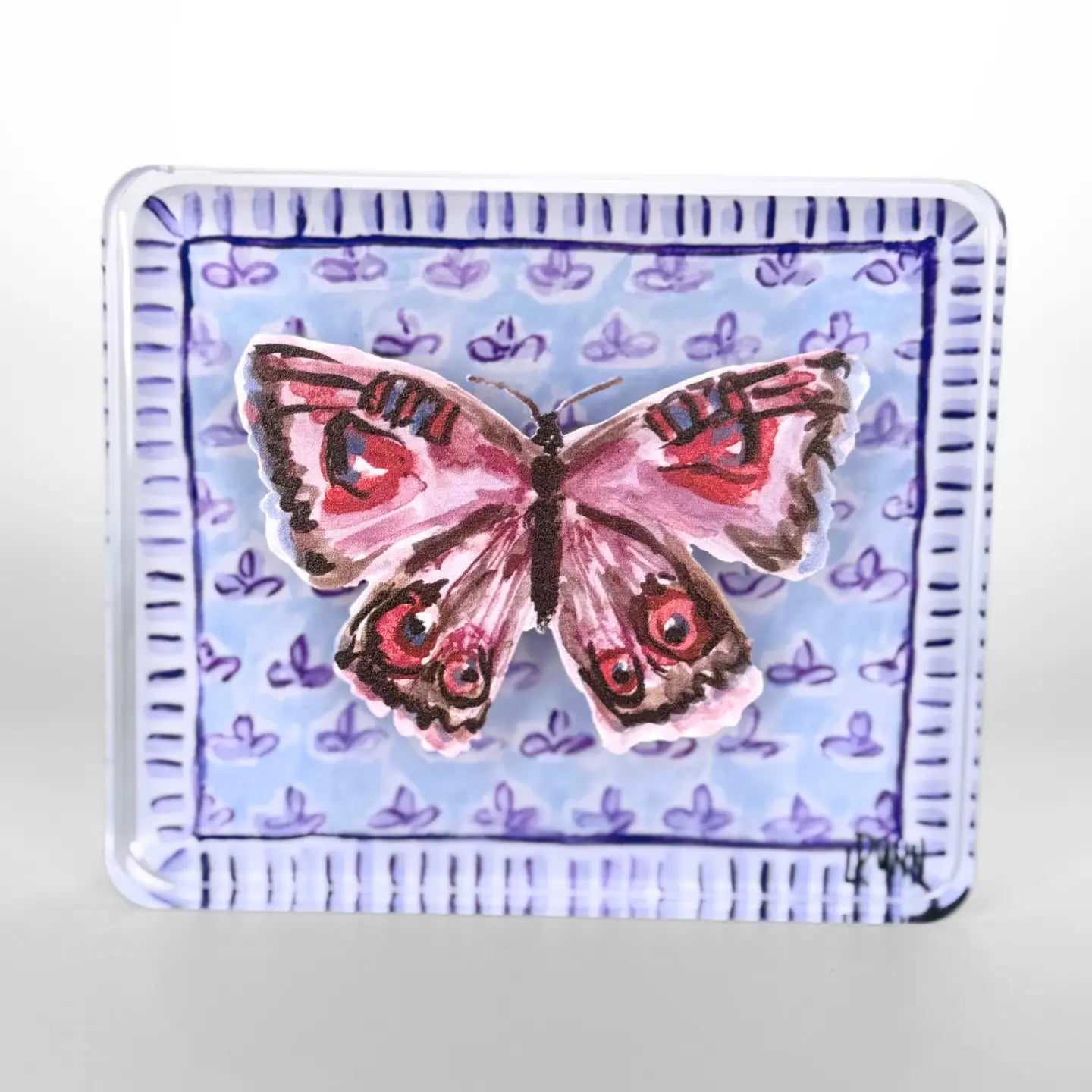 PURPLE BUTTERFLY ON FLEUR DE LIS BLOCK SMALL