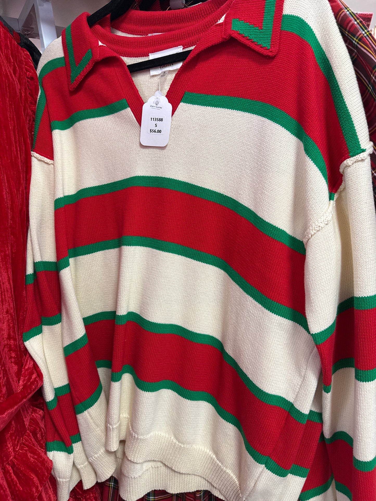 CREAM SWEATER W/BOLD RED/GREEN STRIPE