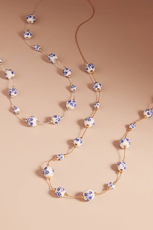 Flower Round Shape Ceramic Beaded Long Necklace