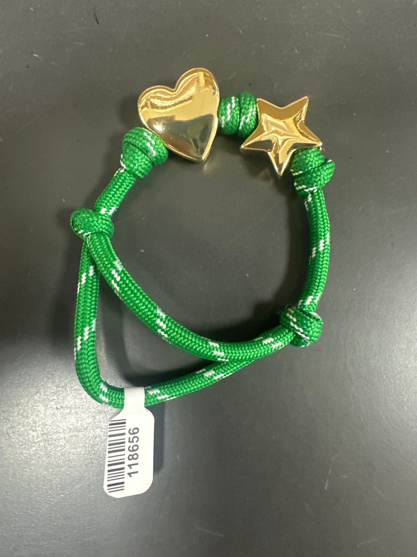 GREEN PARACORD BRACELET WITH HEART & STAR CHARMS