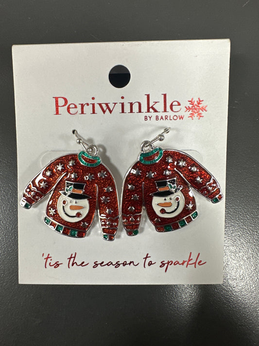 RED SWEATER WITH SNOWMAN EARRINGS