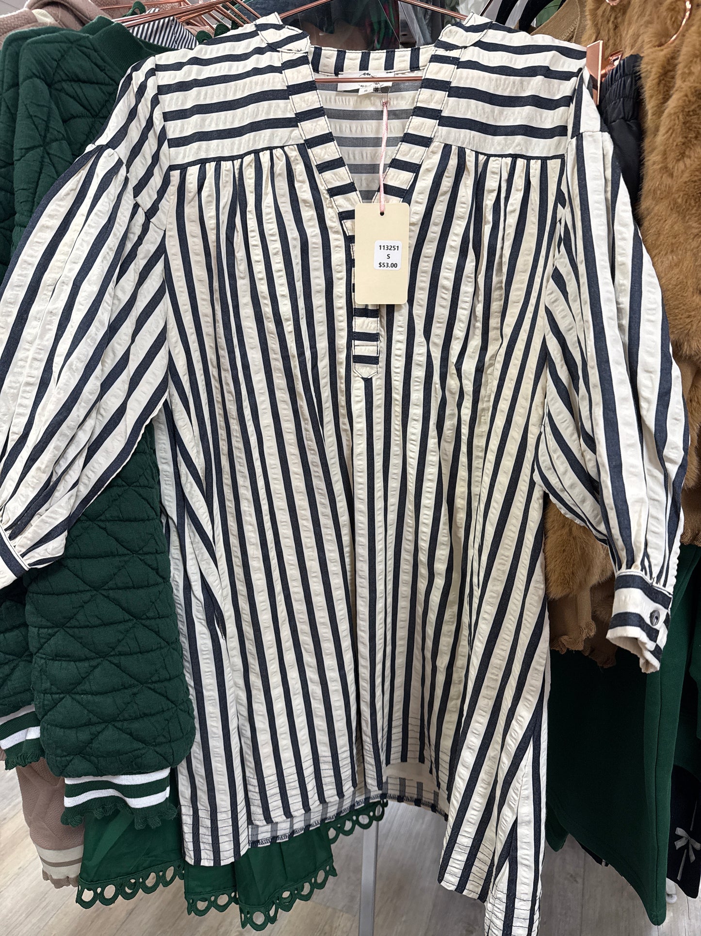 NAVY PINSTRIPE DRESS - S - Pharm Favorites by Economy Pharmacy