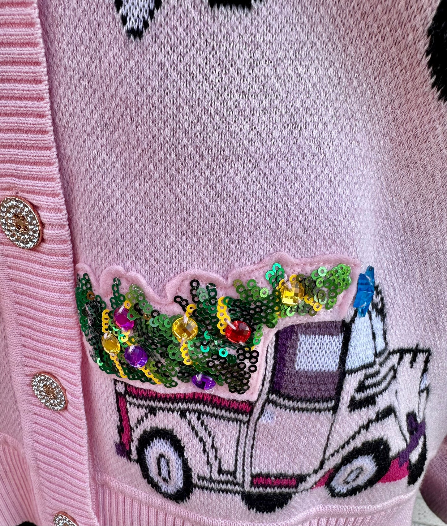 LIGHT PINK TRUCKS CHRISTMAS TREE CARDIGAN