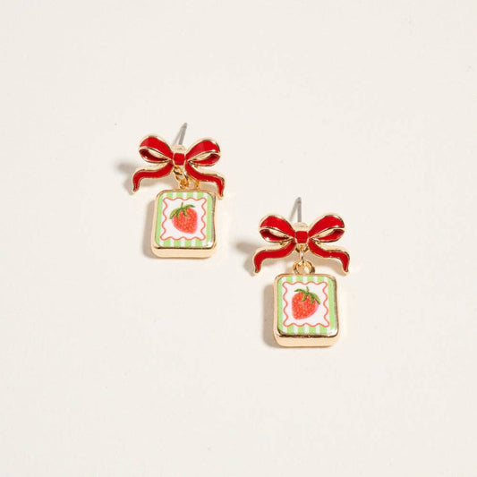 VINTAGE FRUIT PLANT PRINT TILE ENAMEL BOW EARRINGS