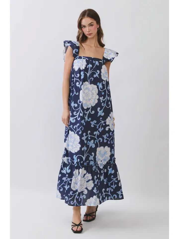 NAVY FLORAL PRINT RUFFLE SLEEVE MAXI DRESS