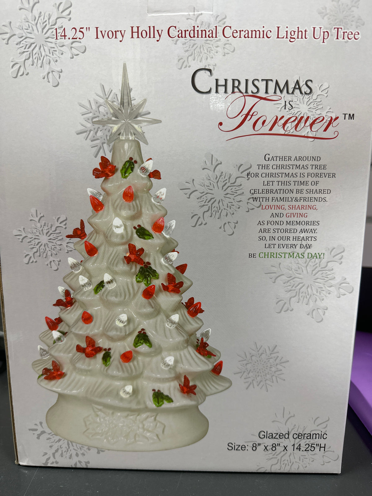 14.25" IVORY HOLLY CARDINAL CERAMIC LIGHT UP TREE