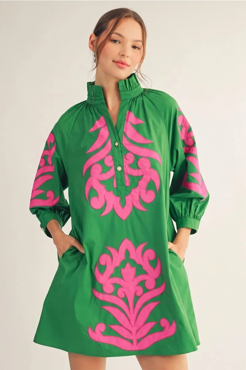 3/4 SLEEVE BAROQUE FLORAL SHIFT DRESS - ROSE/GREEN