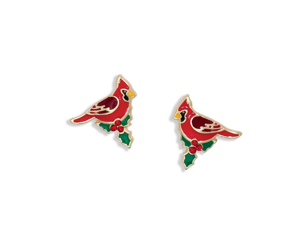 GOLD ENAMEL CARDINALS AND HOLLY EARRINGS
