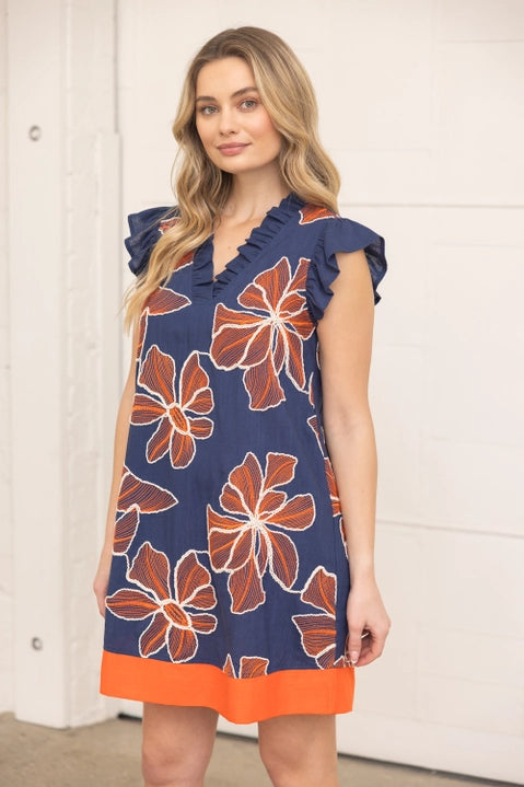 NAVY RUFFLED VNECK LARGE FLORAL EMBROIDERED SHIFT DRESS