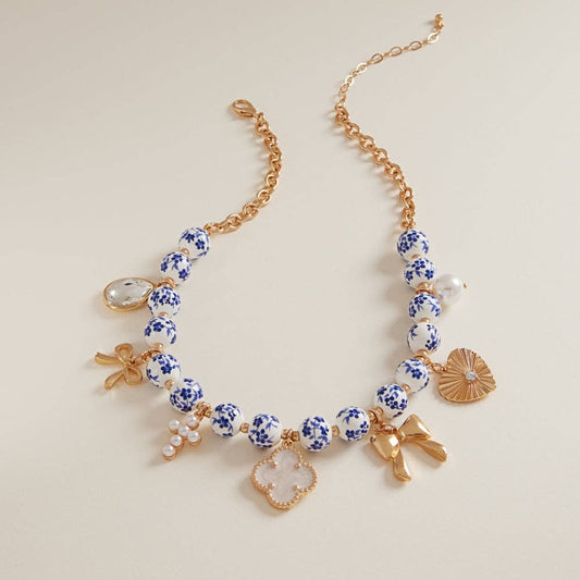 Mixed Metal Charms Ceramic Beads Swag Necklace