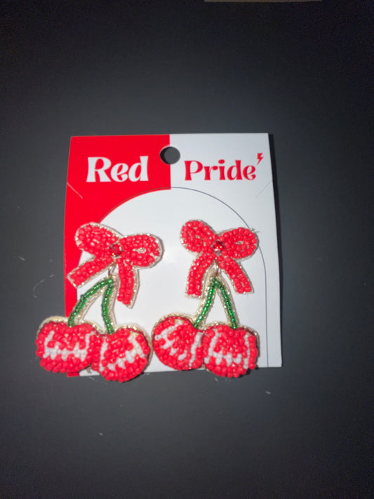 BEADED GAMEDAY CHERRY DROP EARRING -RED/WHITE