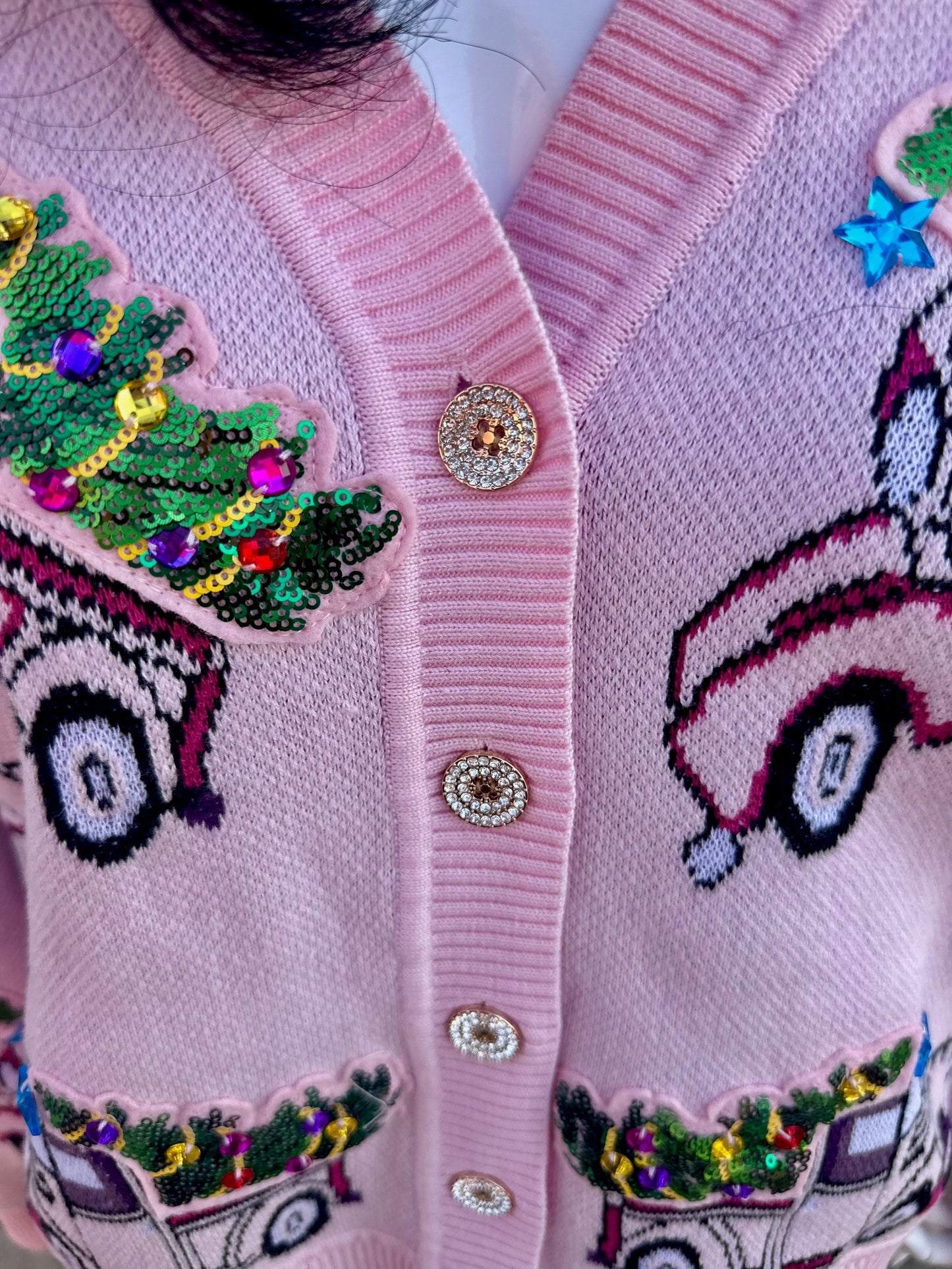 LIGHT PINK TRUCKS CHRISTMAS TREE CARDIGAN