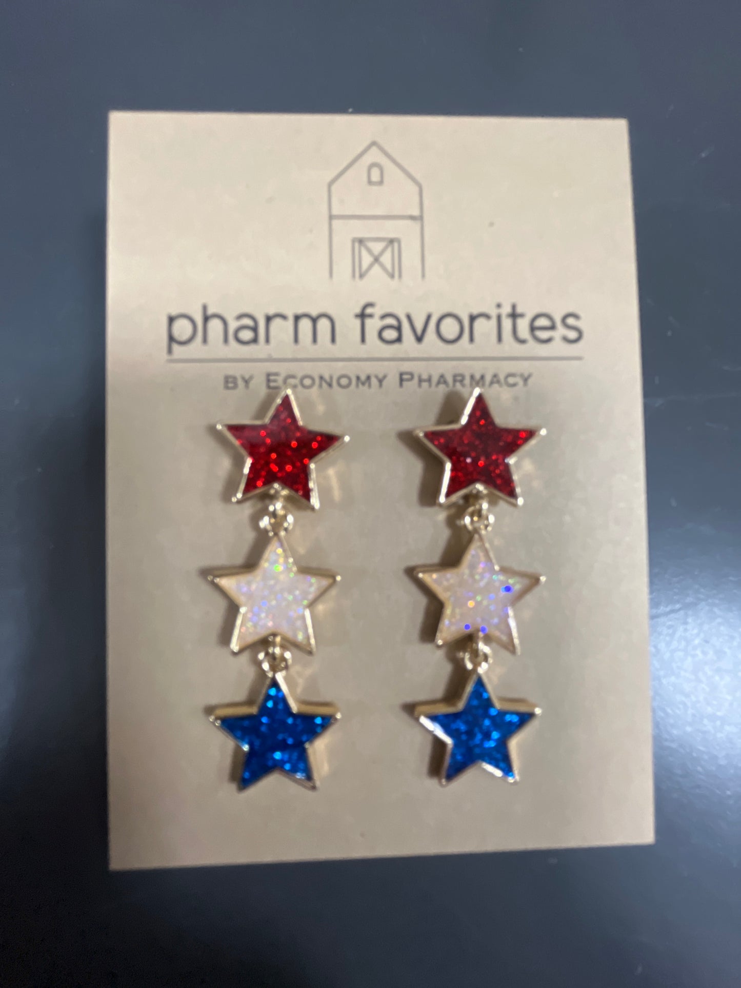 RED BLUE & WHITE STAR TRIPLE DROP EARRINGS