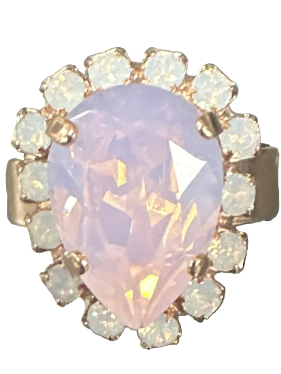 PEAR SHAPED PINK AND WHITE IRIDESCENT STONES RING