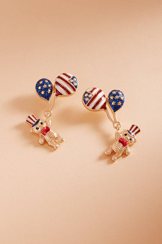Teddy Bear American Flag Balloon Post Earrings