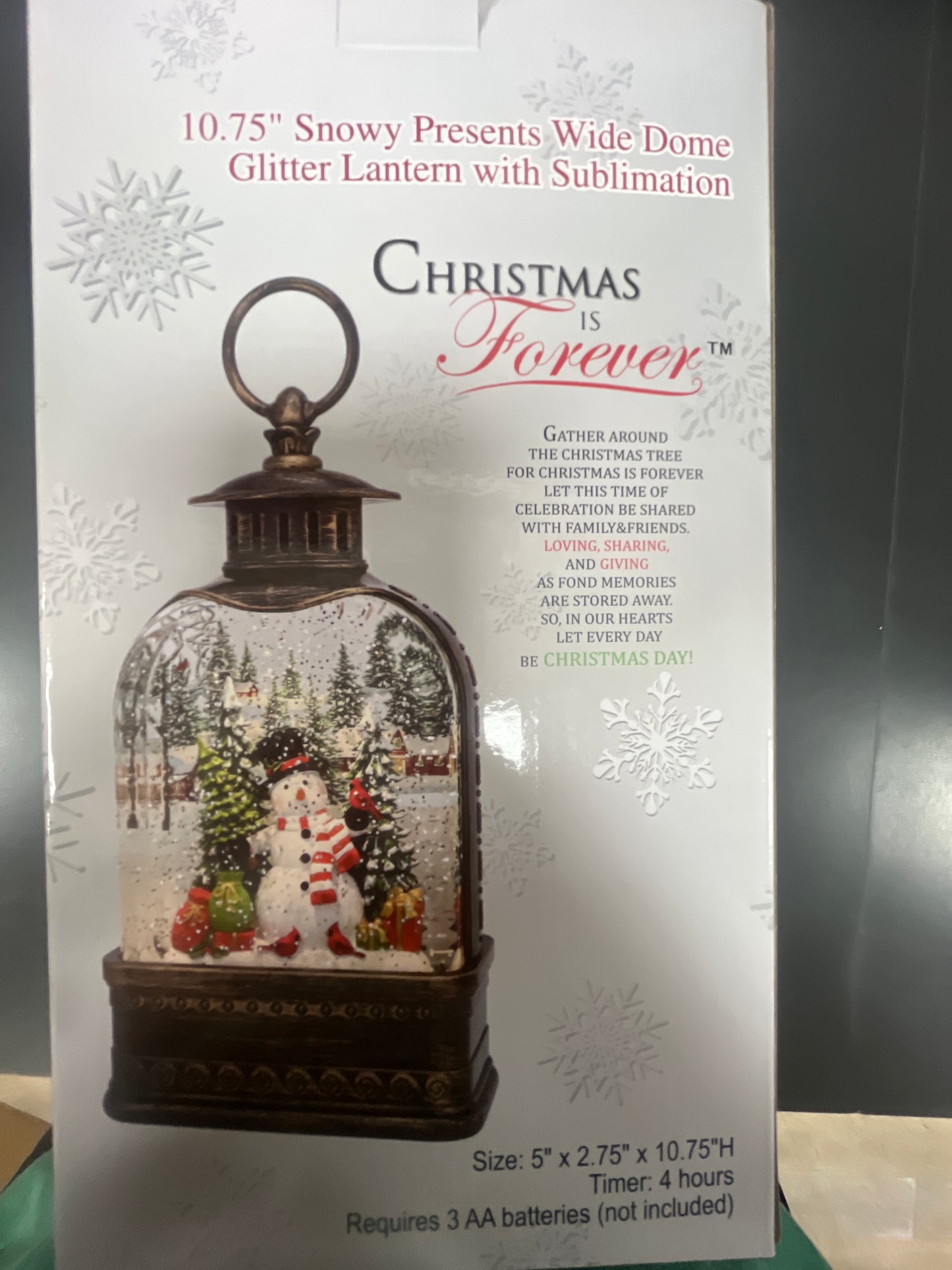 10.75" SNOWY PRESENTS WIDE DOME GLITTER LANTERN