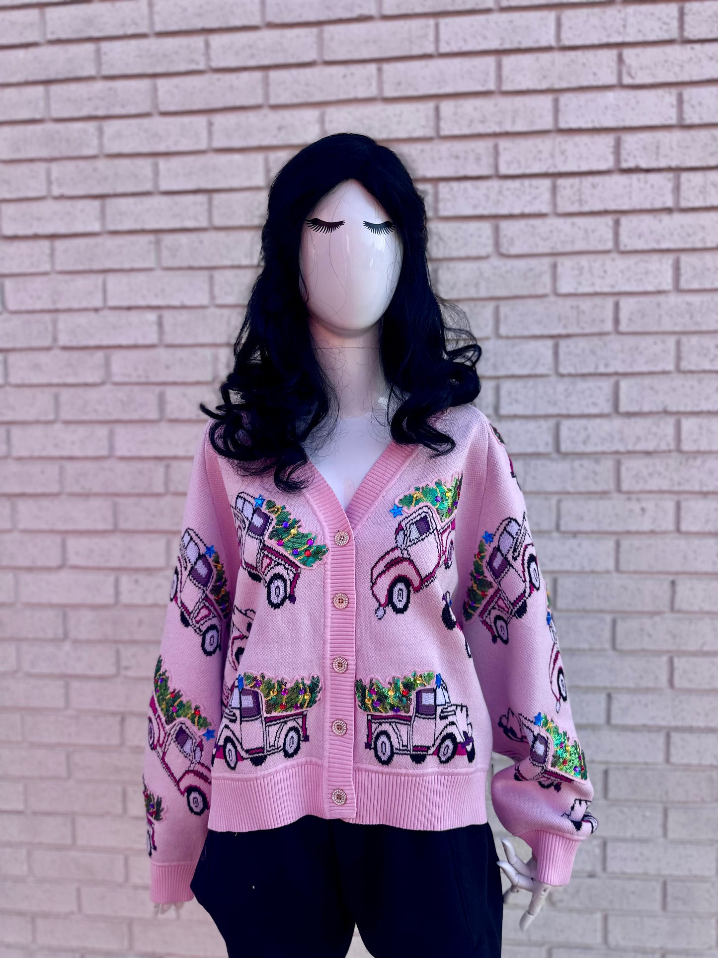 LIGHT PINK TRUCKS CHRISTMAS TREE CARDIGAN
