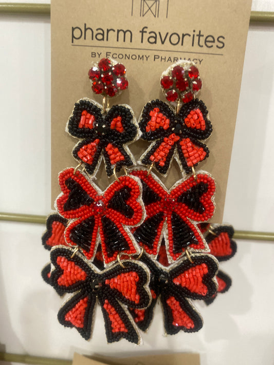 BEADED TRIPLE BOW EARRINGS - RED/BLK