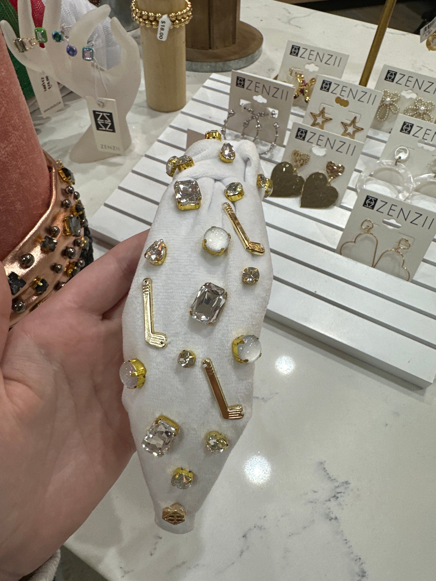 GOLF HEADBAND W/CRYSTALS & CHARMS - WHITE