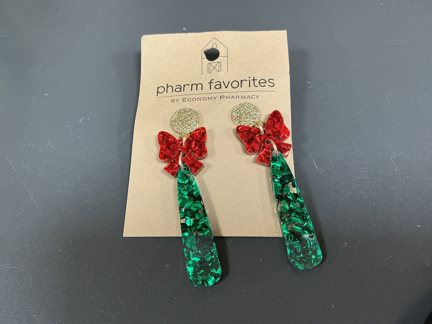 Green Glitter Acrylic Drop Earrings with Red Glitter Bow