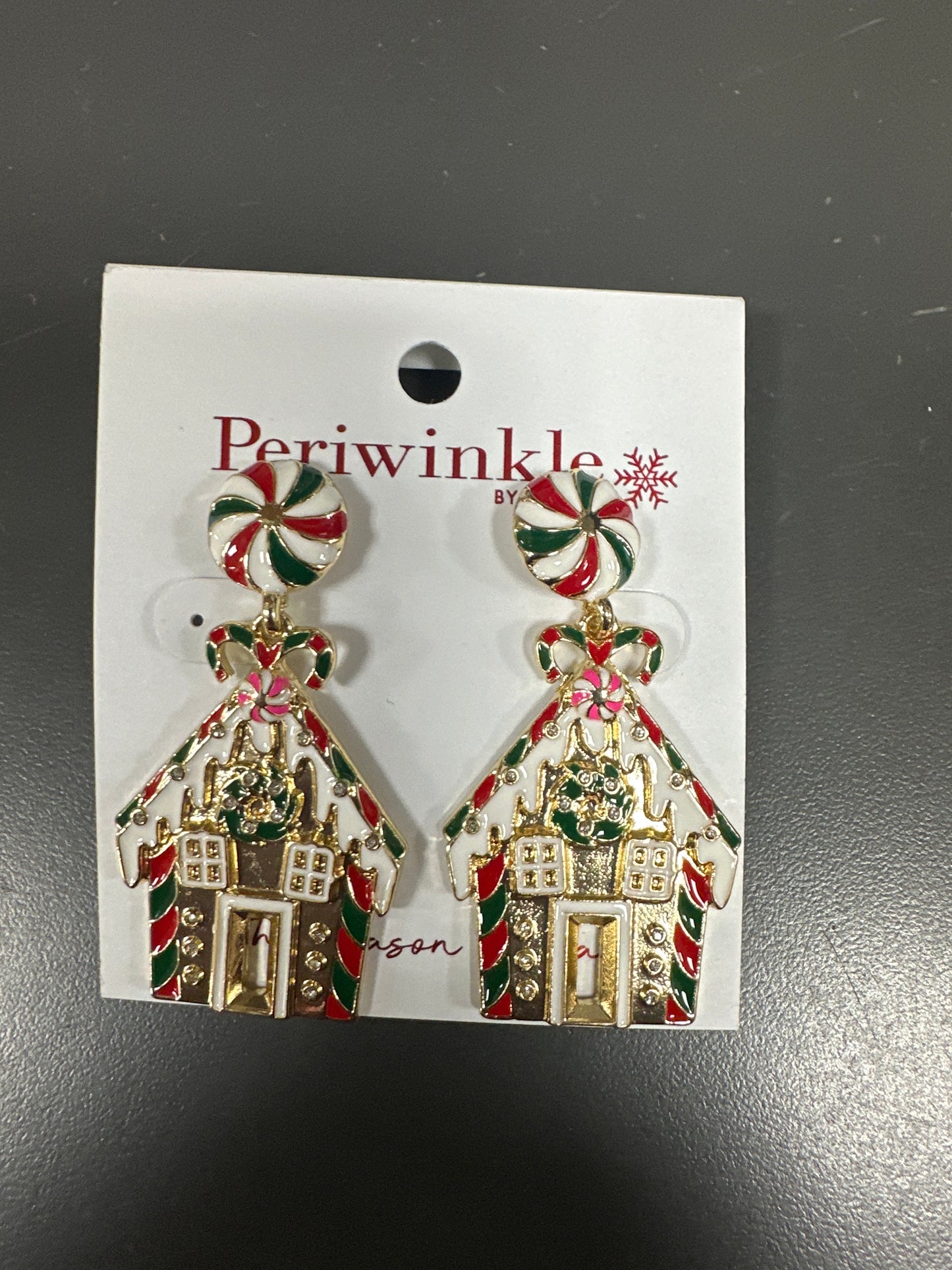 ENAMEL GINGERBREAD HOUSE WITH PEPPERMINTS EARRINGS