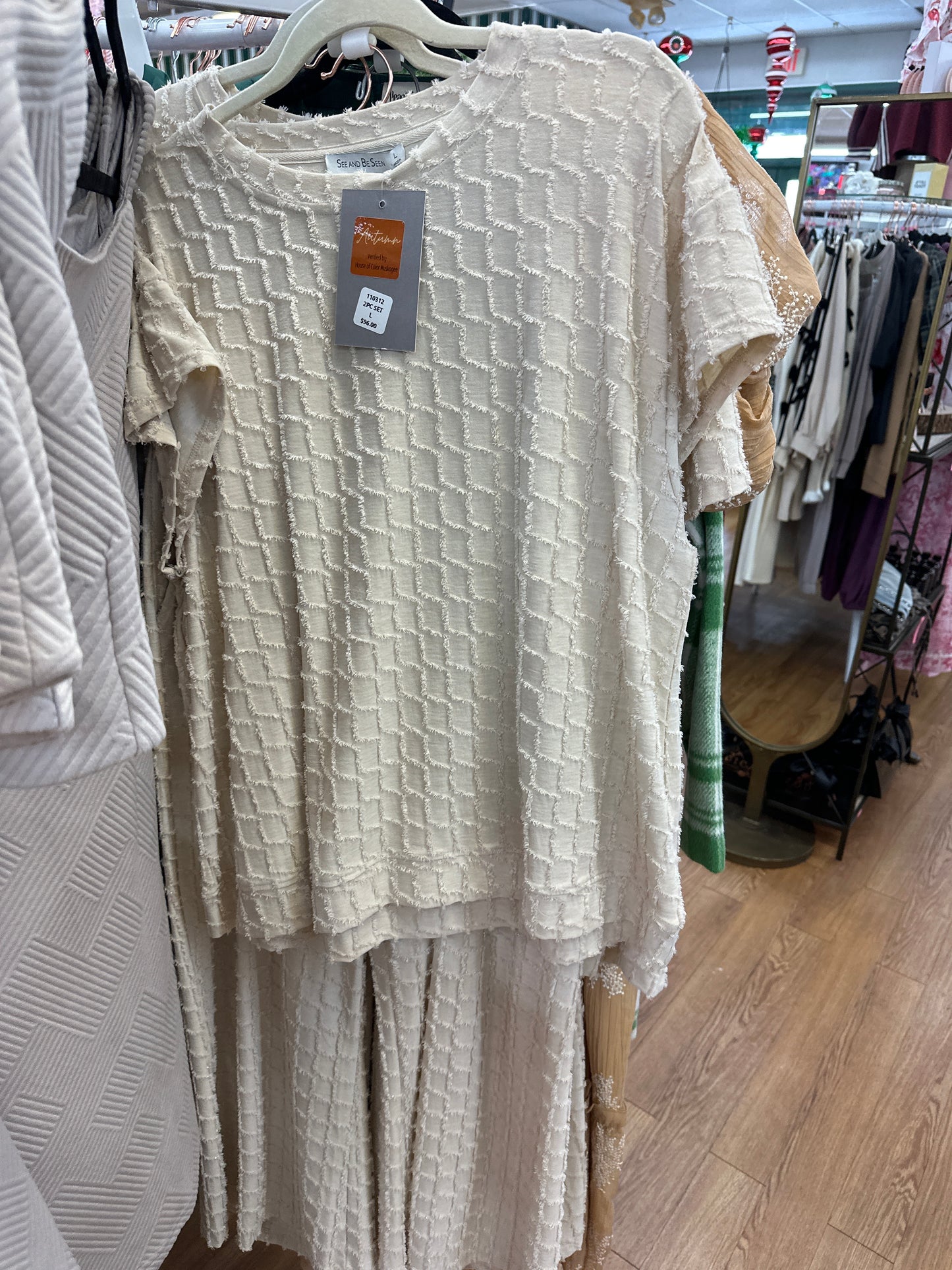 GLITTER TEXTURED 2PC PANT SET - CREAM - 3XL