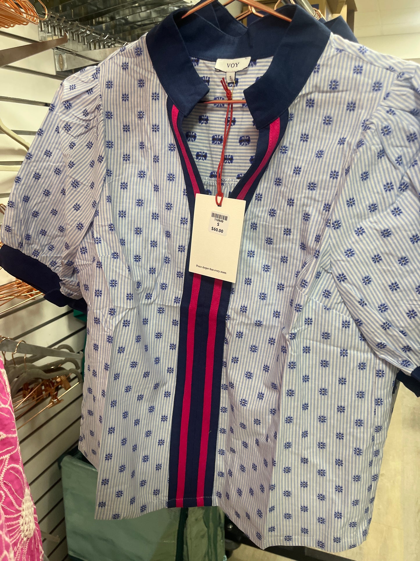 BLUE STRIPE PLACKET EMBROIDERED DETAIL STRIPED TOP