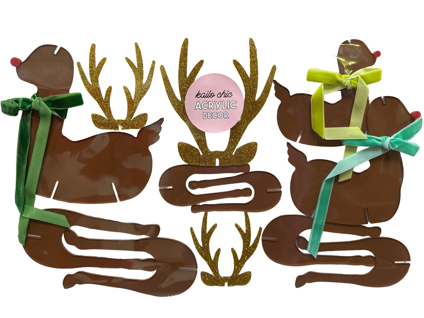 ACRYLIC REINDEER BROWN WITH GOLD ANTLERS - BLUE/GREEN