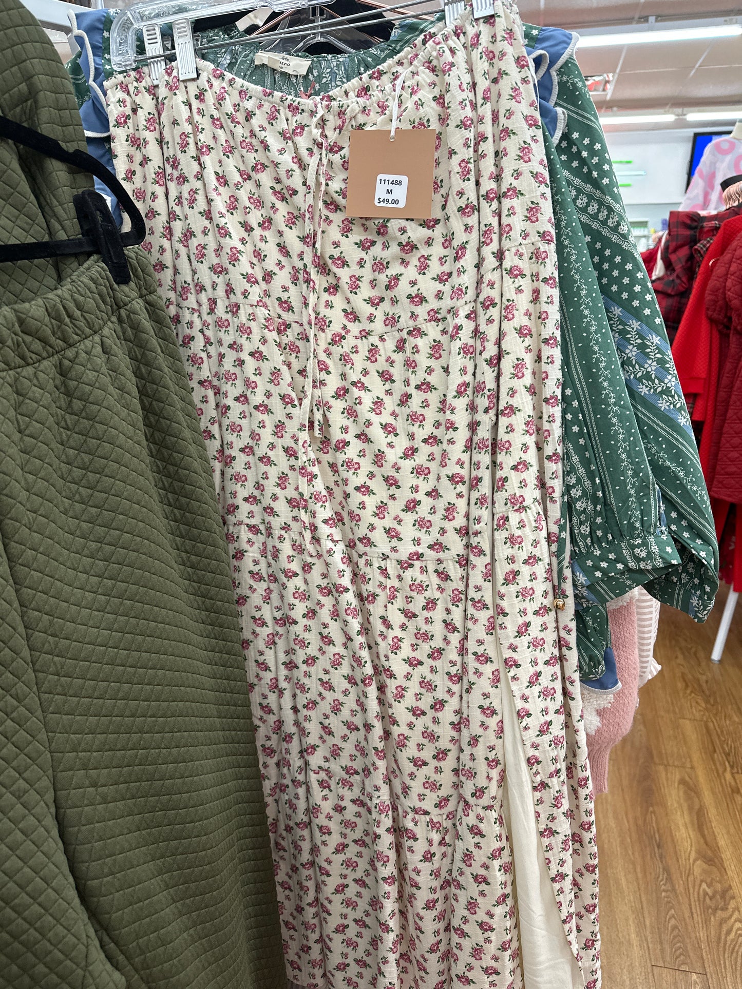 IVORY W/PINK FLORAL SIDE SPLIT MAXI SKIRT - L