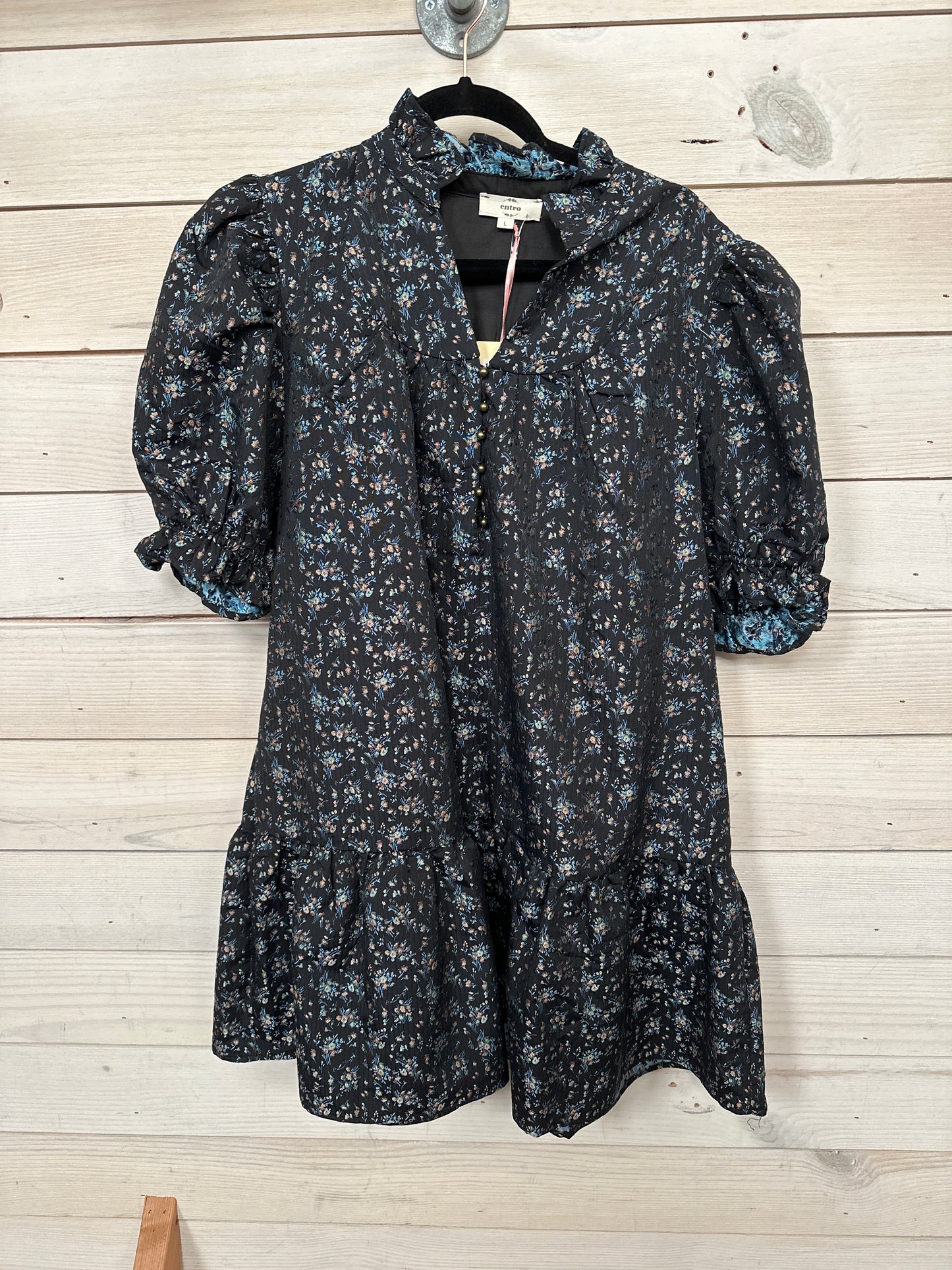 BLACK DRESS W/BLUE FLORAL DETAIL