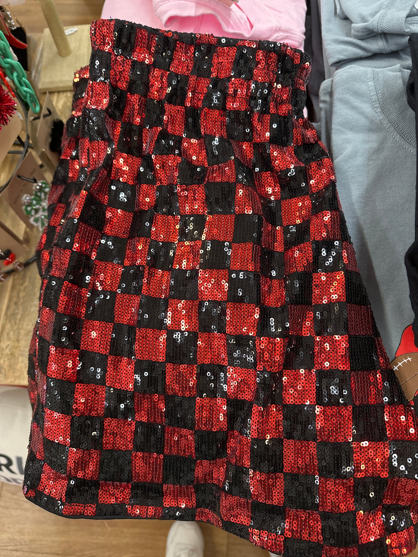 RED/BLK CHECKERS SEQUIN SHORTS