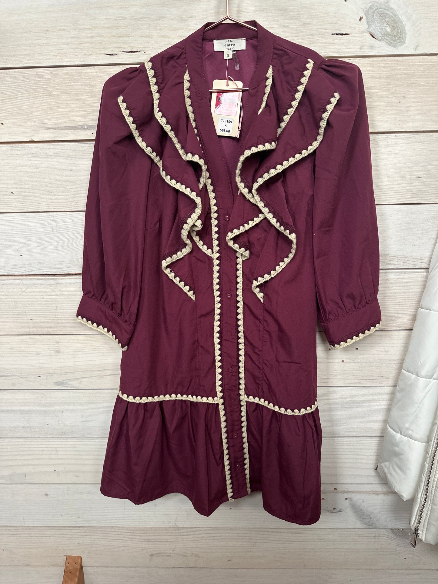 PLUM LONG SLV DRESS W RUFFLE TRIM DETAIL