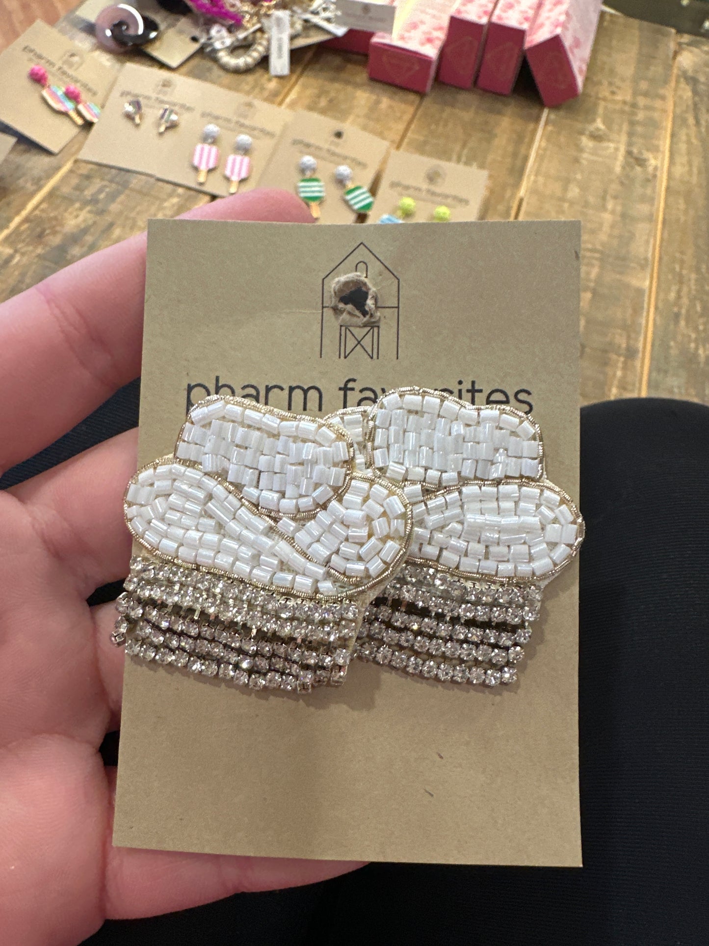 BEADED COWBOY HAT EARRINGS - WHITE