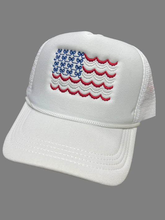WHITE TRUCKER HAT - BOWS & SCALLOPS AMERICAN FLAG