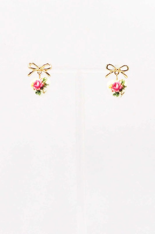 Small Gold Bow with Pink Vintage Rose Print Ceramic .5" Earring