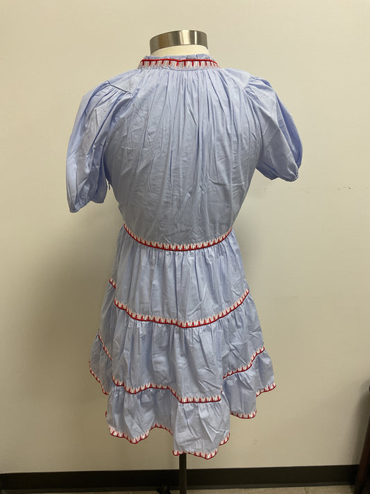 BLUE RUFFLE DRESS WITH RED/PINK CONTRAST