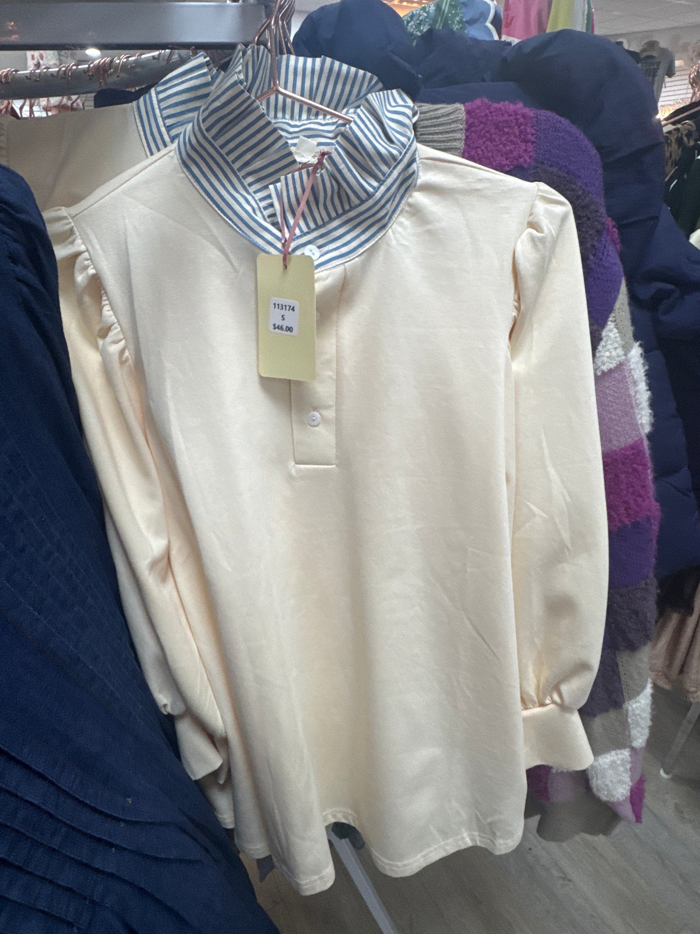 CREAM BLOUSE WITH BLUE STRIPE COLLAR