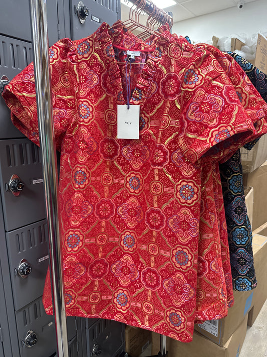 RED V-RUFFLE NECK MANDALA JACQUARD DRESS