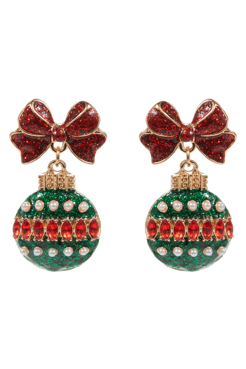 Red and Green Rhinestone Bow and Ornament Christmas 1.5" Earring