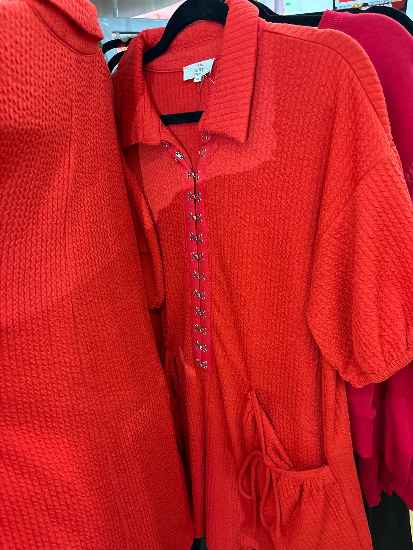 RED TEXTURED ROMPER W/EYE HOOKS