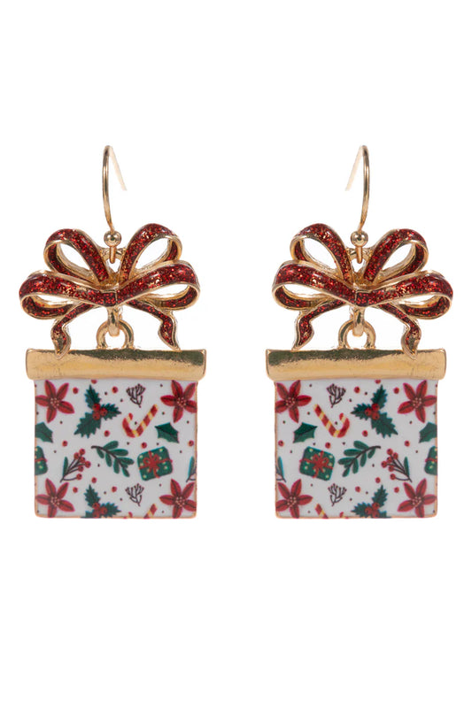 Multi Red/Green/White Color Coated Metal Present Christmas 1.5" Earring